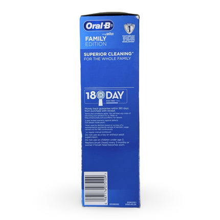 Oral-B toothbrush packaging with blue background and white text