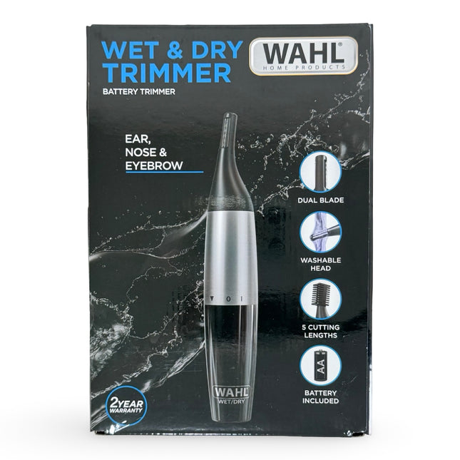 Wahl Wet & Dry Trimmer packaging with product image and features on a black background