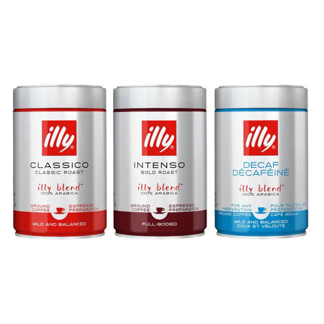 Illy Ground Coffee Variety Pack Medium & Dark Roast – 750g (Classico, Intenso & Decaf 3 x 250g)
