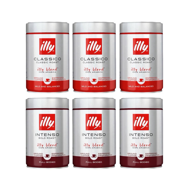 Illy Ground Coffee Medium & Dark Roast – 1.5kg (3x Classico & 3x Intenso 250g)